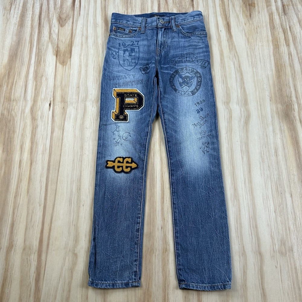 Polo Ralph Lauren Kids Sullivan Slim Jeans Size 8 Patchwork Varsity Chenille Den
